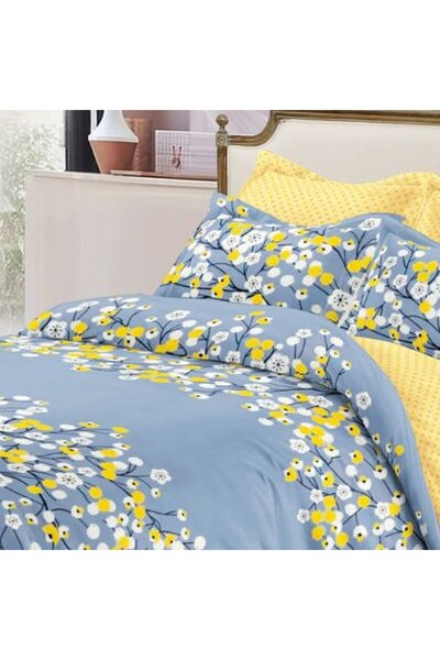 OEM Set de lenjerie de pat cu crenguțe înflorite pe bleu, 2 draperii asortate...