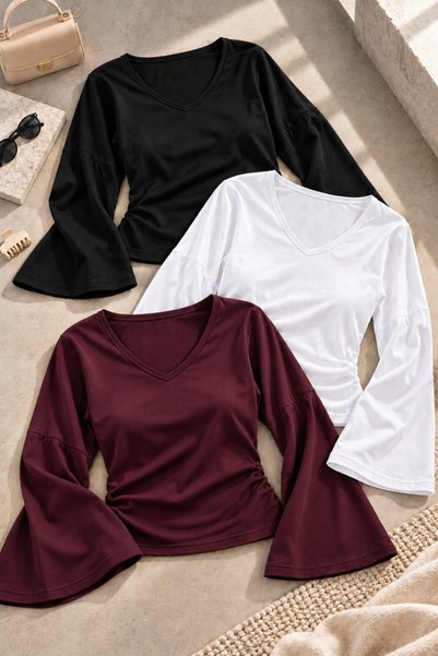 COMBİNE MİCHAİL Women's Raglan-Sleeve Thick-Textured Cropped Top Set of 3