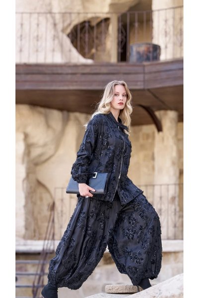 MissWhence 40219 Sequin-Embellished Zipper-Front Jacket and Harem Pants Set, ...