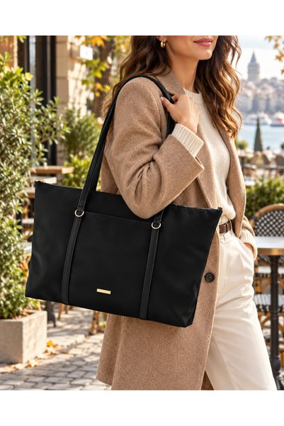 seraptakidunyasi Large Buzzy Fabric Tote Shoulder Bag with Front Zippered Pocket