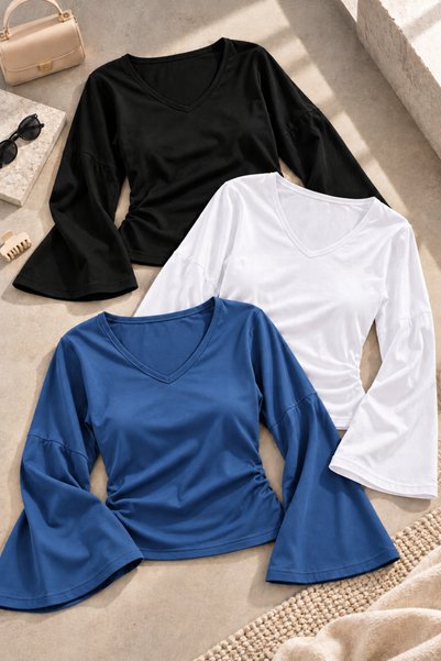 COMBİNE MİCHAİL Women's Raglan-Sleeve Thick-Textured Cropped Top Set of 3