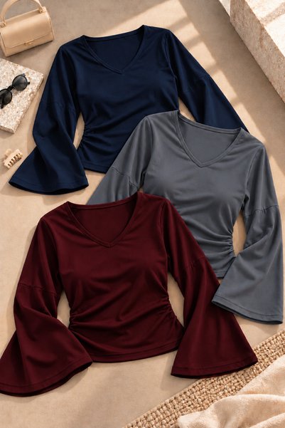 COMBİNE MİCHAİL Women's Raglan-Sleeve Thick-Textured Cropped Top Set of 3