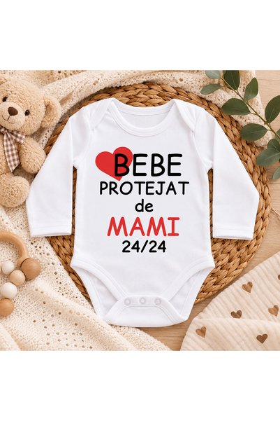 AlyPrint Body bebe alb „Bebe protejat de mami 24/24”, mânecă lungă, imprimeu ...