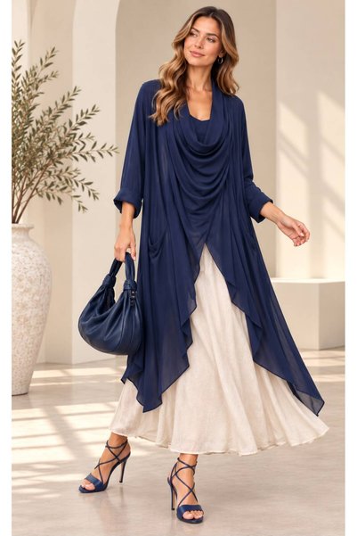 Tubik Women's Waterfall Neckline, Asymmetrical Cut, Long-Sleeve, Pocketed Des...