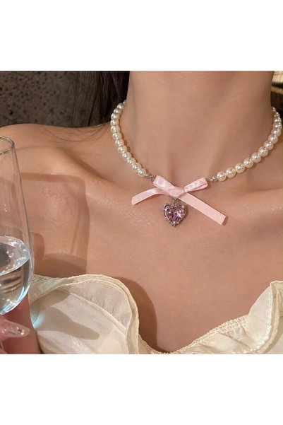 Harlofia Jewelry Princess treatment necklace with ribbon detail and pearl acc...