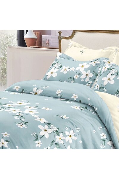 OEM Set de lenjerie de pat cu draperii, flori albe cu mijloc galben pe bleu p...
