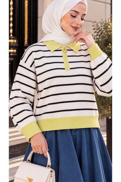 EBRUTESETTÜR Pulover din tricot cu guler polo și dungi, galben