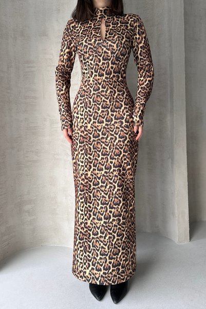 LEOPAR DESENLİ ÖPÜCÜK NYAKA MAXİ BOY ELBİSE
