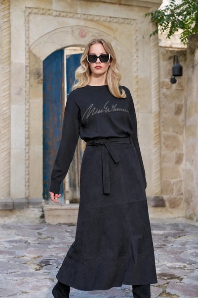 MissWhence 40016 Printed Detailed Knit Tunic, Black