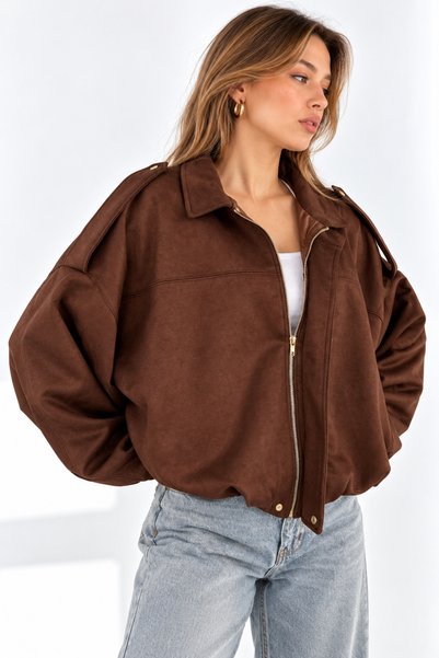 WILD BEE Jachetă bomber oversize pentru femei, din piele întoarsă maro, căptu...
