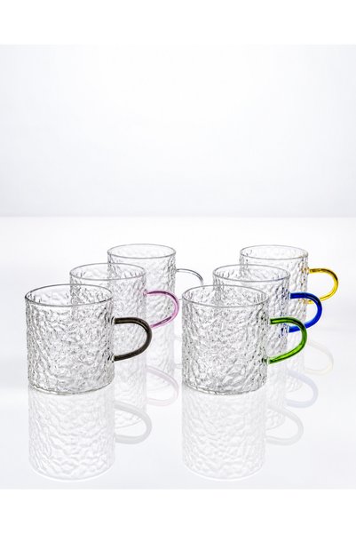 Malooki Set of 6 Glass Mugs with Colored Handles and Crackle Texture, 120 ml ...