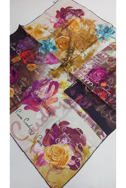 Pierre Cardin Tivil Silk Scarf IST 4208701-311 Brown and Blue Floral Print Pa...