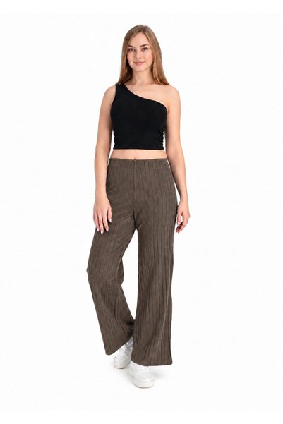 REN Women's Knitted Wide Ribbed Elastic Waist Wide Leg Brown Trousers