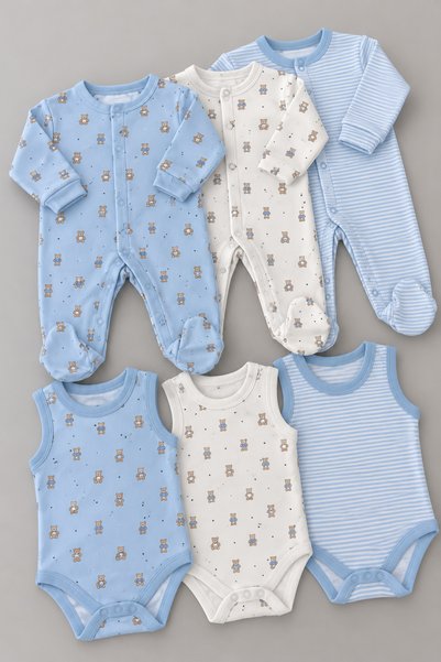 My Babies Label 6-Piece 100% Cotton Snap-Fastened Onesie Set for Baby Boys wi...