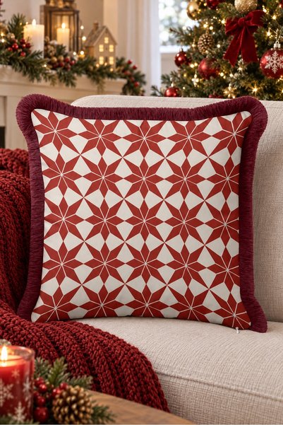 Evimde Bambaşka Red Star New Year's Patterned Tasseled Cushion Cover - New Ye...