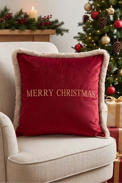 Evimde Bambaşka Red Christmas and New Year's Patterned Tasseled Cushion Cover...