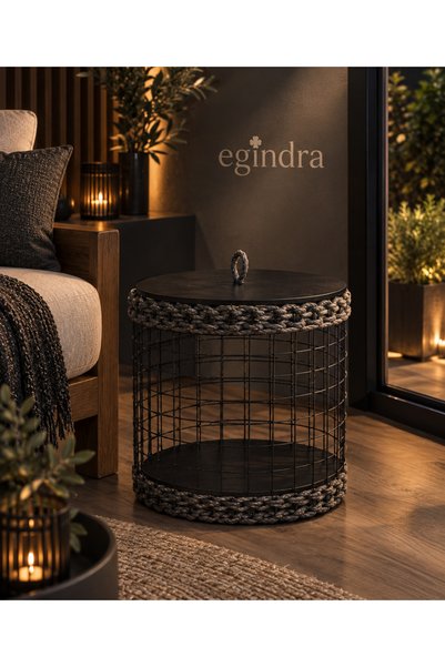Egindra Metal wire mesh, anthracite gray rope—black wooden lid, organizer basket