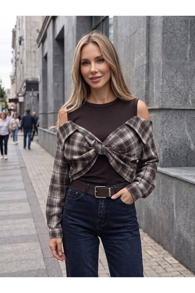 styleFlex Women's Blouse With Elastic Top And Checkered Shirt Applique, Off-S...