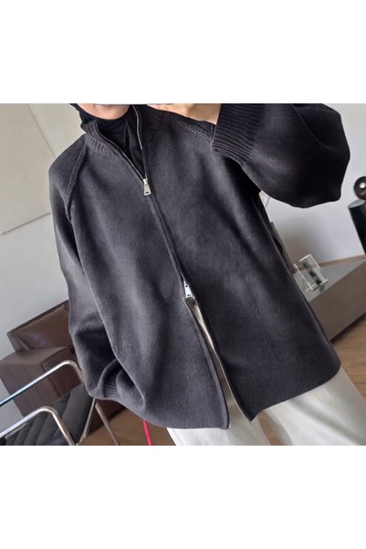 secret of VALORIA Premium Tight-Knit Mock Neck Cardigan with Double Zipper an...
