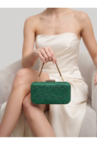Biçanta Green Lace Women's Evening Clutch Bag with Gold Accents, Strappy Chai...