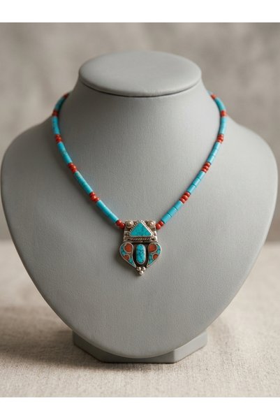 ZGNOVA Handmade Necklace with Natural Turquoise Stones and a Nepalese Tip—Spe...