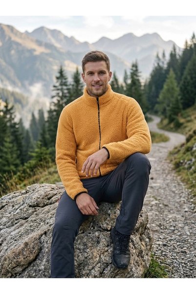 OXVİN Men's Lambswool Welsoft Fleece Jacket with Bone-Colored Zipper, Mock Ne...
