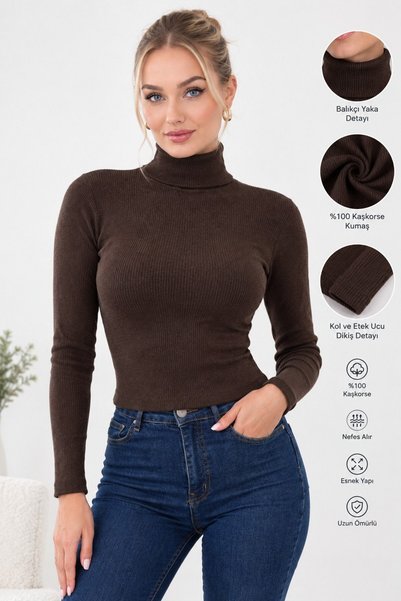 Yalçınoğlu Kids Women's Turtleneck Long-Sleeve Ribbed Knit Sweater with Stret...
