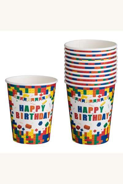 Comerivo Set 10 pahare carton alb cu cuburi colorate pentru petrecere Happy B...