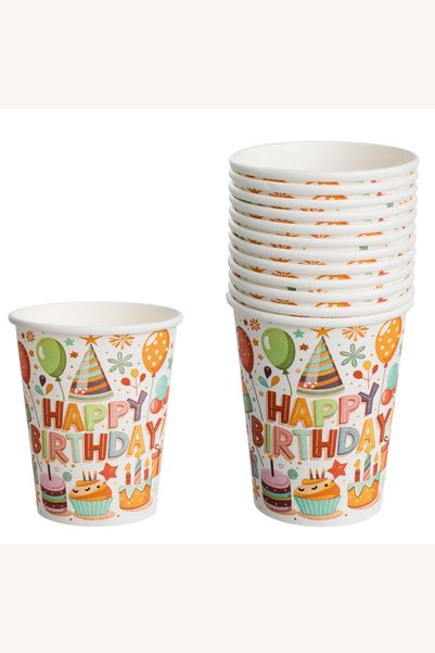 Comerivo Set 12 pahare de hârtie pentru petrecere Happy Birthday, 240 ml, ecr...