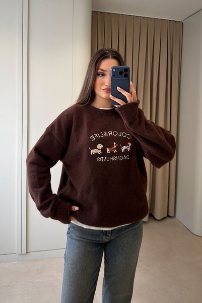MAGARDE CUTE OVERSIZED SWEATER WITH EMBROIDERED DETAILS - BROWN