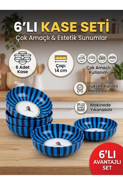 LOVYCO Set of 6 striped pattern cookie bowls with bird pattern - Breakfast an...