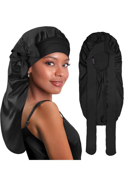 BONNET QUEEN قبعة نوم حريرية، قبعة ساتان للنساء مع شريط طويل قابل للتعديل، قب...