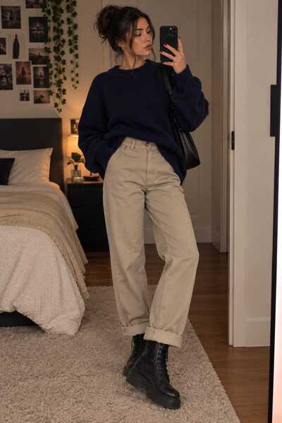 FASHION Pantaloni Dama Din Bumbac Straight / Relaxed Fit Cu Talie Înaltă, Bej...