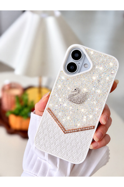 Go Aksesuar Iphone 16 Uyumlu KUĞU Tasarımlı Taşlı Işıltılı Parlak Pırlanta Si...