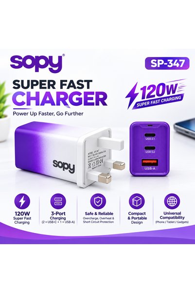 sopy SP-347 120W Fast Charging Adapter, 2 USB-C + 1 USB-A Port, Multi-Port Po...