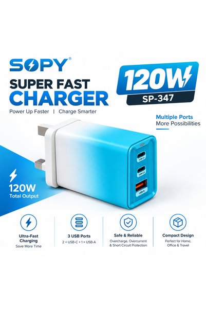 sopy SP-347 120W Fast Charging Adapter, 2 USB-C + 1 USB-A Port, Multi-Port Po...