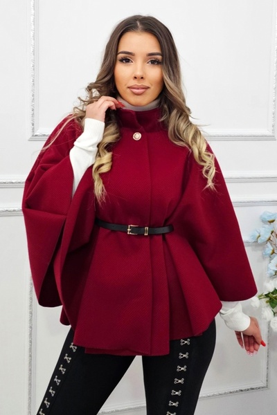 FashionForYou Palton tip poncho Amalia, cu nasture si curea in talie, Rosu bordo