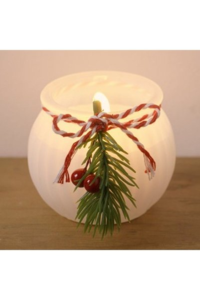 OEM Lumanare Alba de Craciun in Recipient Alb Frosty cu Ramura Ø6.5x5.5cm