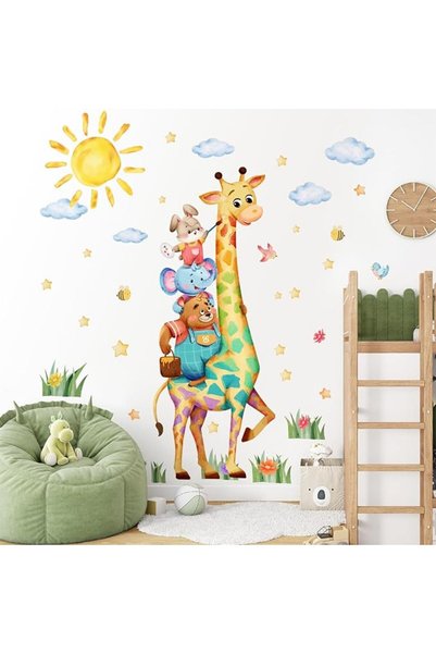 KASTWAVE 2 Sheets Removable Watercolor Giraffe Wall Decals, Cute Cartoon Anim...