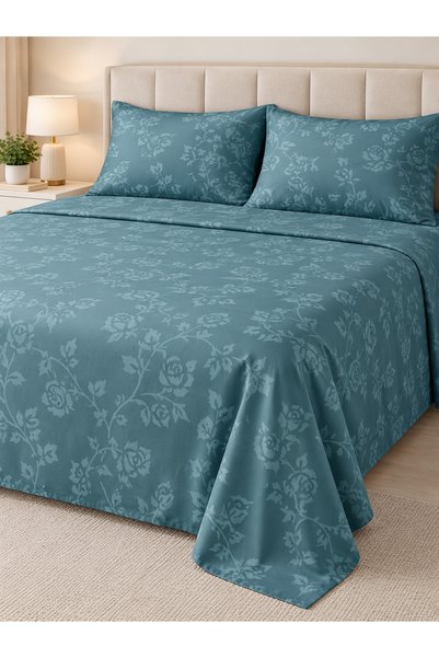 zeetwo Bedsheet Set, Ash Blue Floral Pattern, 100% Cotton, 95 GSM