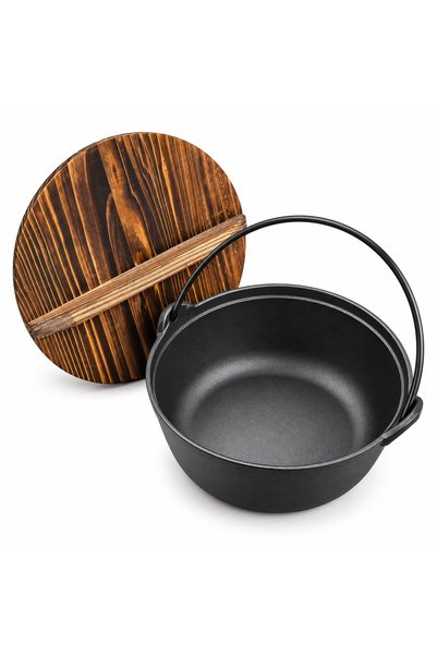 Generic Brand Tigaie adâncă tip ceaun din fontă, 29 cm, cu capac din lemn – C...