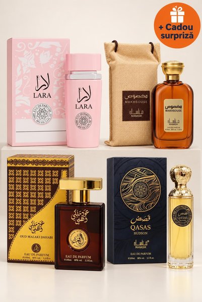 OferteTop Set 4 Parfumuri Arăbești pentru El și Ea: Lara Pink, Makhsouse, Oud...