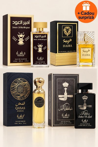 OferteTop Set 4 Parfumuri Arăbești pentru Bărbați: Ameer Al Oud, Haiba, Qasas...