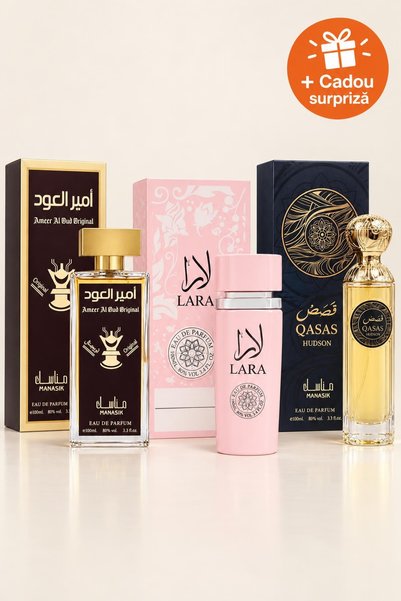OferteTop Set 3 Parfumuri Arăbești pentru El și Ea: Ameer Al Oud, Lara Pink ș...