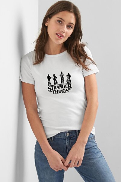 QIVI Stanger Things Bisiklet Arka Dönük Kadın Beyaz Tshirt