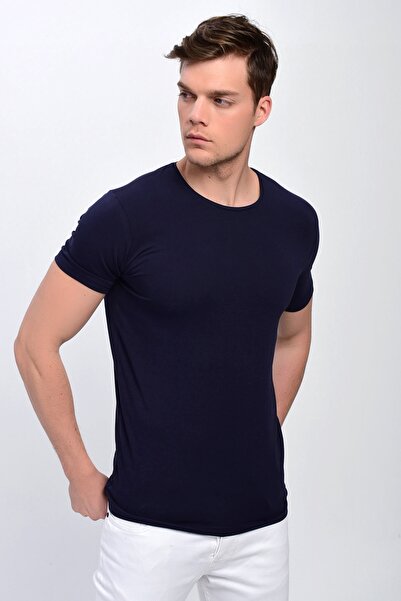 DYNAMO Men's Navy Blue Plus Size Crew Neck Lycra Basic T-shirt
