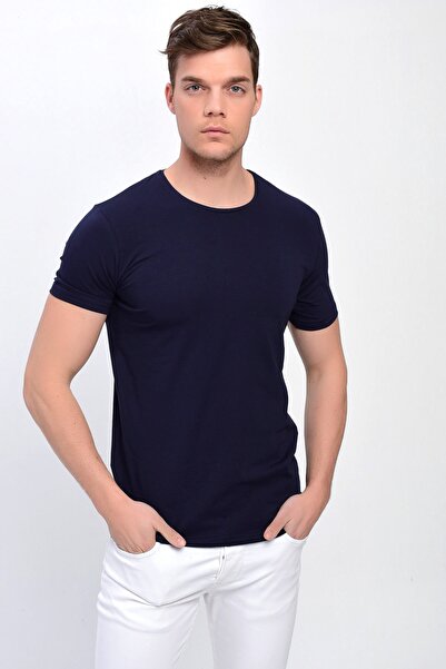 DYNAMO Men's Navy Blue Plus Size Crew Neck Lycra Basic T-shirt