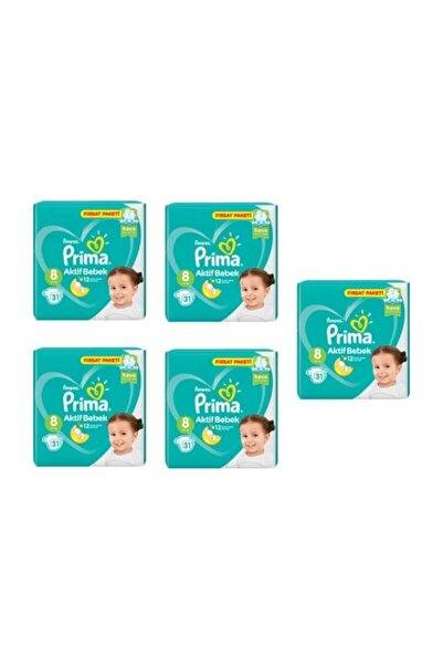 Prima Bebek Bezi Aktif Bebek 8 Beden 31 Adet 5'li Paket 155 Adet