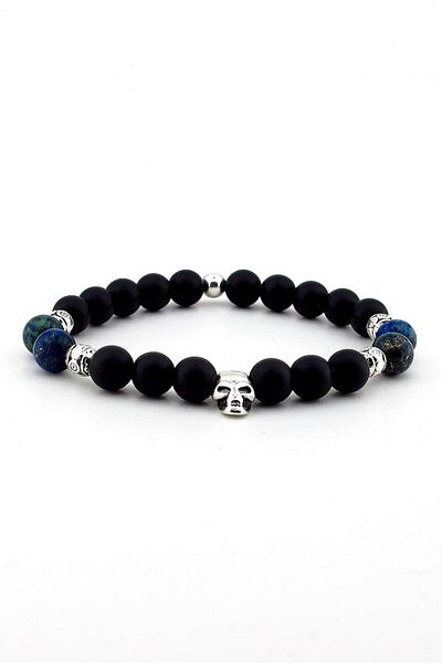 Solfera Men's Azurite and Matte Onyx Skull Bracelet B584