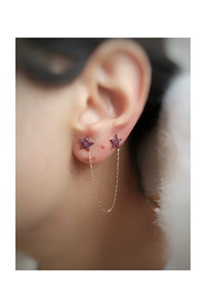 MySilvers Tek Kulak Fuşya Taşlı Yıldız Küpe